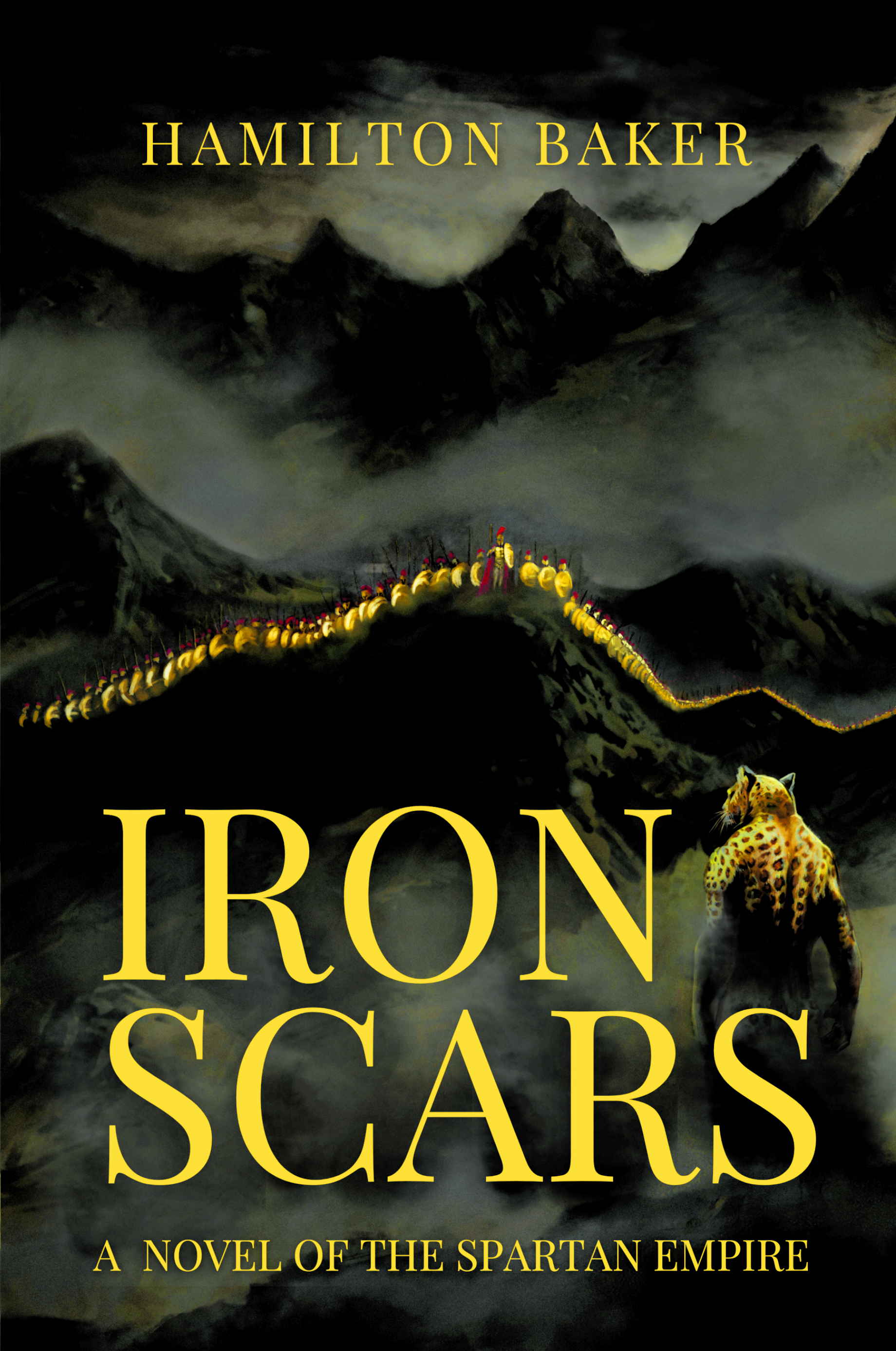 Cover of Iron Scars by Hamilton Baker, features a Spartan army lined up on a mountain facing down a singular jaguar warrior character